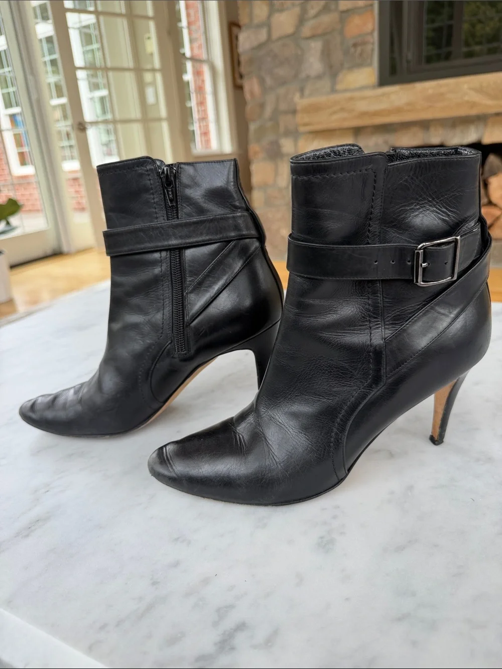 Manolo Blahnik Black Leather Pointed Ankle Booties with Buckle Strap